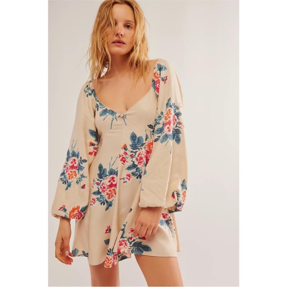 Free People Francesca Mini Dress in Warm Ivory | Floral Long Sleeve V-Neck Mini